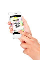 hand holding mobile phone with discount coupon isolated over whi