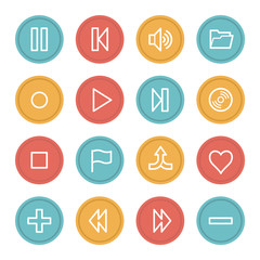 Media player web icons, color circle buttons
