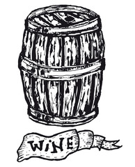 Hand drawn wooden barrel with wine banner