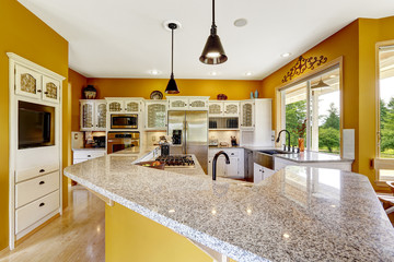 Farm house interior. Luxury kitchen room with big island and gra