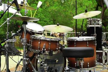 Fototapeta na wymiar Drum set, musical instrument on a street concert
