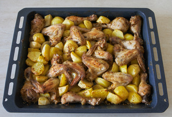 Fried potatoes and chicken