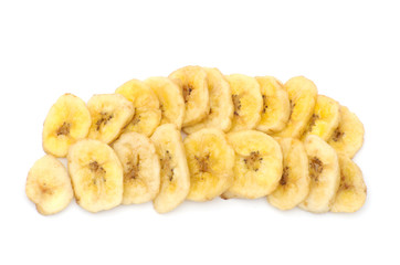 a pile of banana chips on white background