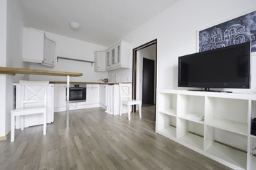 Bright room, with white kitchen furniture