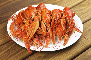Tasty boiled crayfishes on a wooden table
