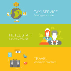 Travel hotel service concept flat infographics banner icons set