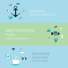 Seafood mediterranean food restaurant concept flat icons set
