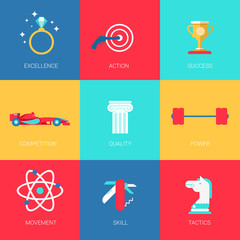 Flat human smart features sports competition design icons set