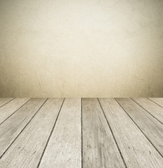 Brown cement wall and old wood floor in perspective, background