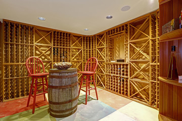 Wine cellar interior in basement room.