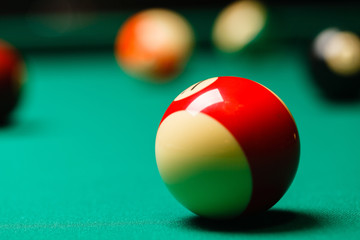 Billiard balls in a pool table.