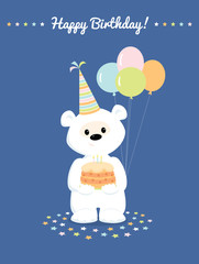 White bear with cake and baloons greeting card Happy Birthday