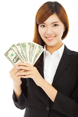 happy businesswoman holding the money