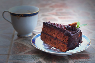 Chocolate cake and coffee.