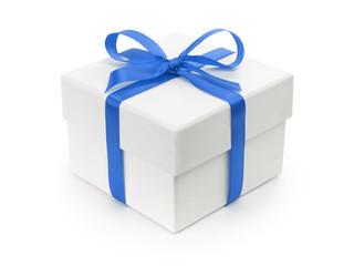 white gift paper box with blue ribbon bow