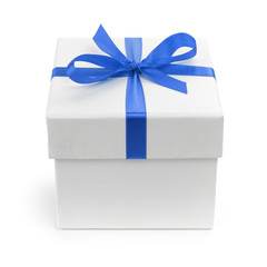 white gift paper box with blue ribbon bow