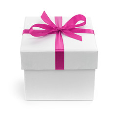 white gift paper box with purple ribbon bow