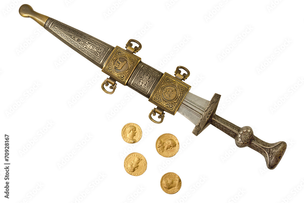 Wall mural Roman Empire Dagger and Denarii Coin Replicas II