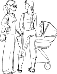 young mother with a pram and a girlfriend