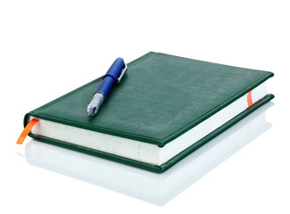 Leather notebook and pen isolated on the white