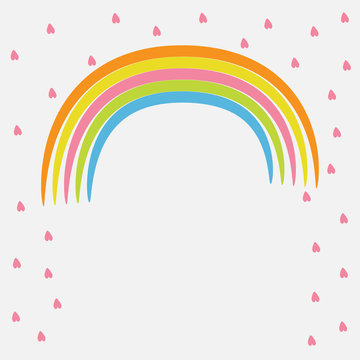 Rainbow and pink heart rain. Flat design style.
