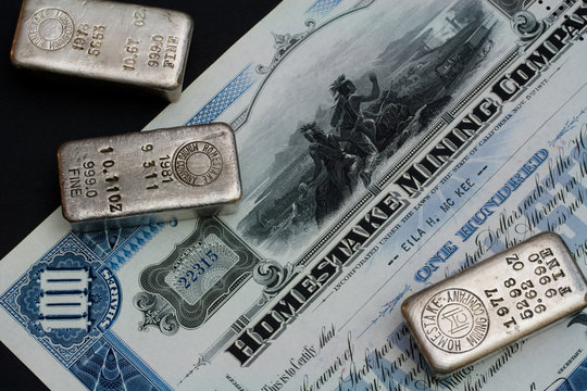 Homestake Mining Company Stock Certificate and Silver Bars