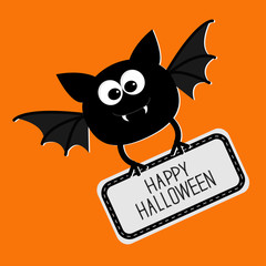 Cute bat with plate Happy Halloween card. Flat design.