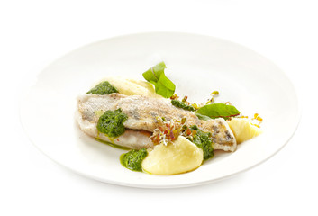 plate of sander fillet with mashed potatoes