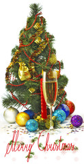 glass of champagne, Christmas toys and Christmas tree
