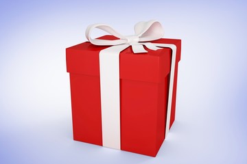 Composite image of red gift with white bow