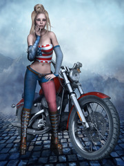 Dziewczyna w amerykańskim stroju stojąca przy motorze © Obsidian Fantasy