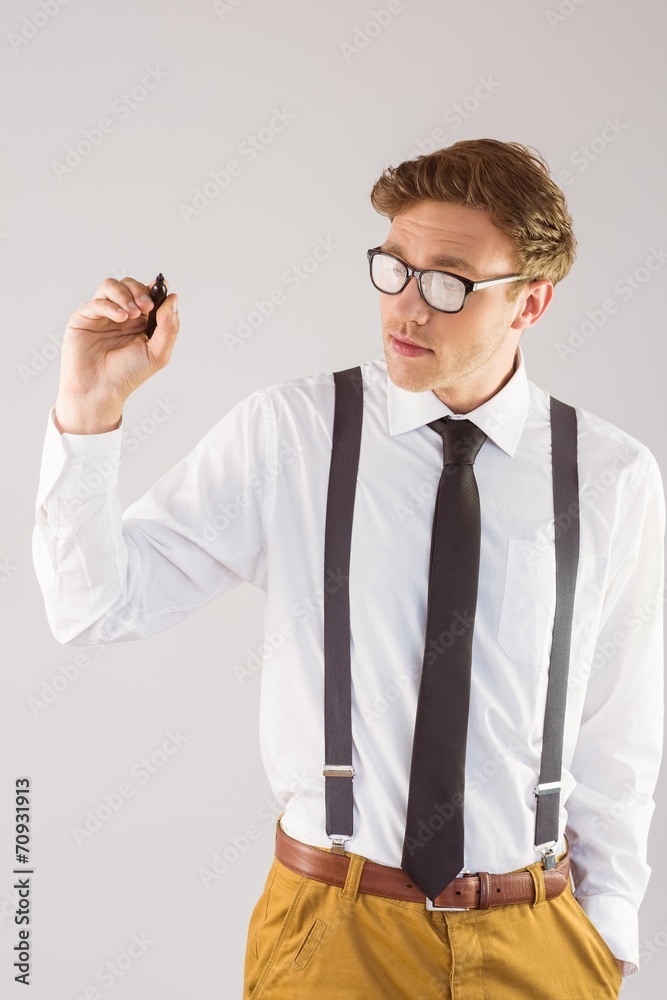 Poster geeky businessman writing with marker