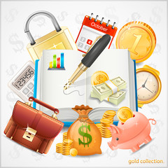 Items of business, money, gold coins vector