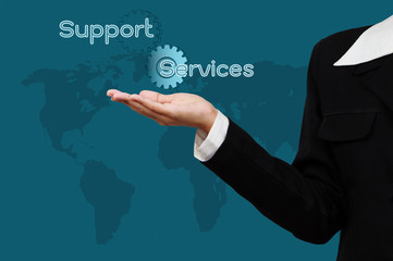 Business hand with  word support and services on virtual screen.