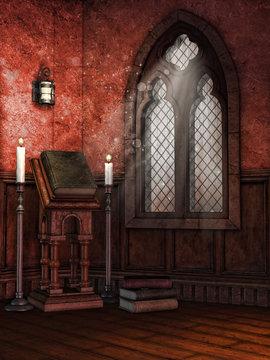 Kaplica z oknem, księgami i świecami