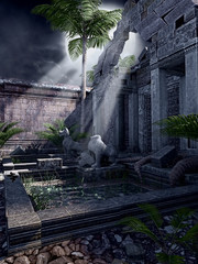 Ruiny świątyni z palmami i paprocią © Obsidian Fantasy