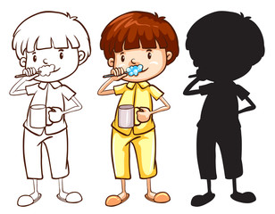 A sketch of a boy toothbrushing in different colours