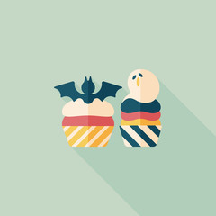 Halloween cupcakes with bat flat icon with long shadow,eps10