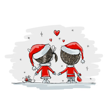 Couple In Love Together, Christmas Illustration For Your Design