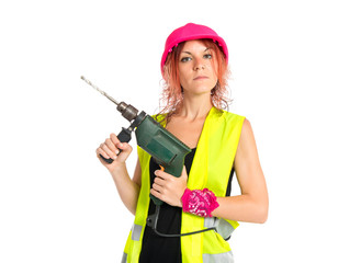 Worker woman with drill over white background