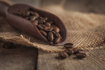 Coffee beans on a wooden scoop
