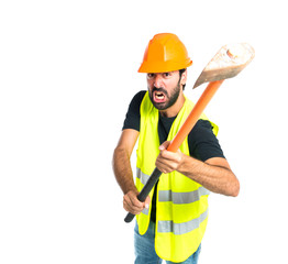 Workman with ax over white background