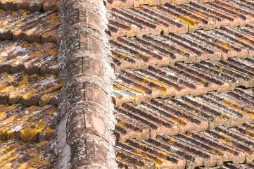 Weathered tiles of old house roof as background
