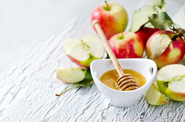 Fresh red apples with honey copy space. Rosh Hashana