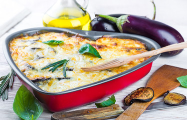 Greek Moussaka of eggplant and minced meat with olive oil.