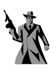 Icon illustration of a man holding a tom gun