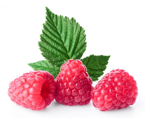 Fresh raspberry with green leaf on white background