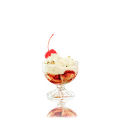 creamy ice cream with cherries on plate in glass bowl