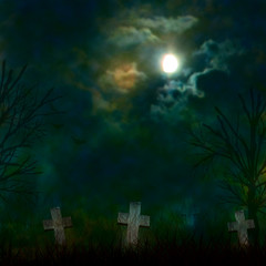 Spooky Halloween graveyard with dark clouds and ominous moon