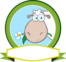 Cartoon Green Circle Label With Sheep And Ribbon
